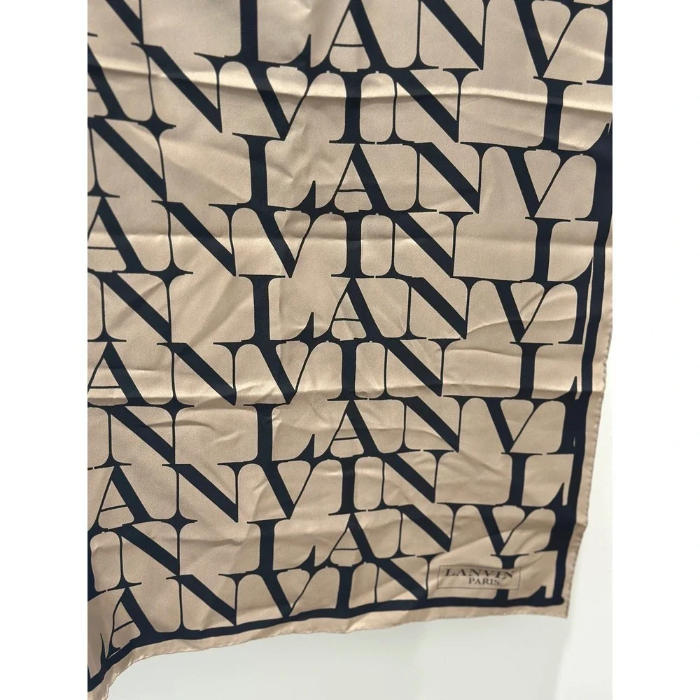 Lanvin Paris Silk Foulard Scarf Logo Print Beige Black W090151421P5B NWT